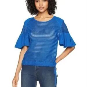 Free People Babes Only Blue Crochet Flutter Sleeve Sweater Open Knit Top Size XS